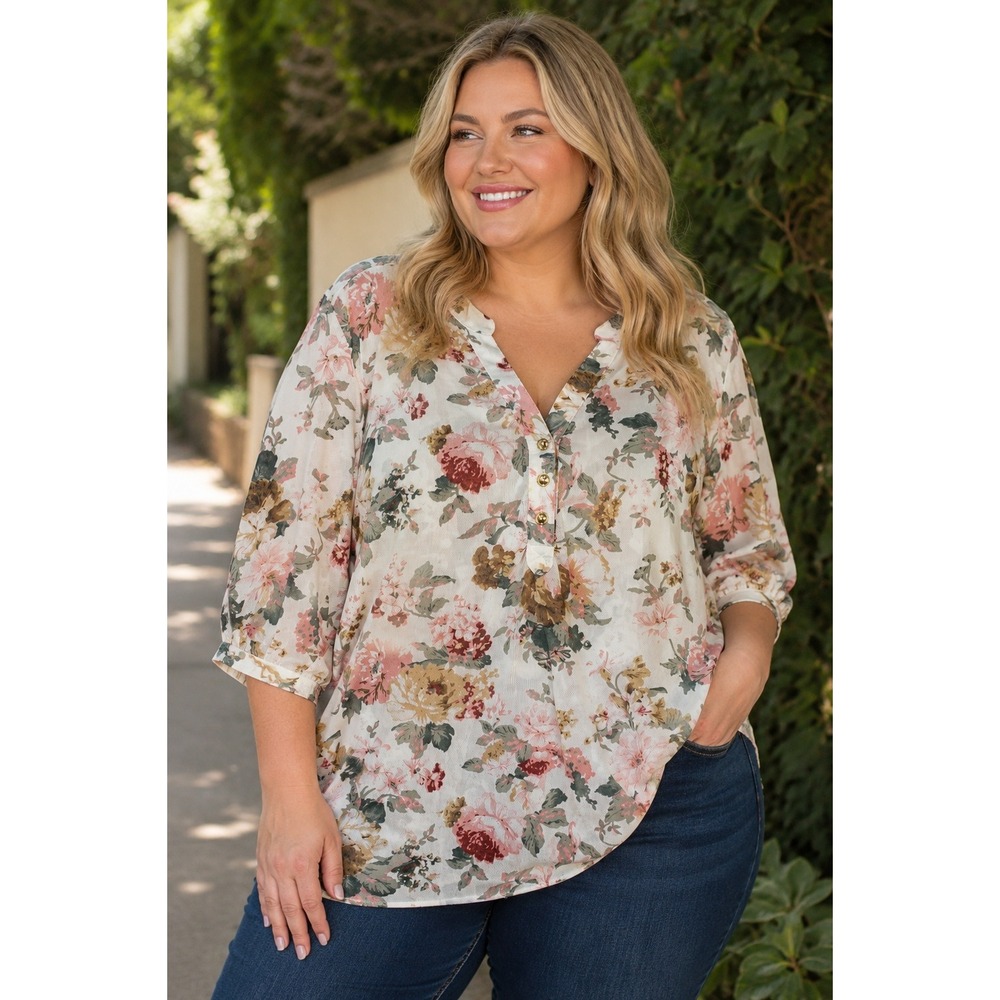Siren Lily Womens 2X Floral Mesh Henley Blouse 3/4 Sleeve Pink Tan MSBT4319X